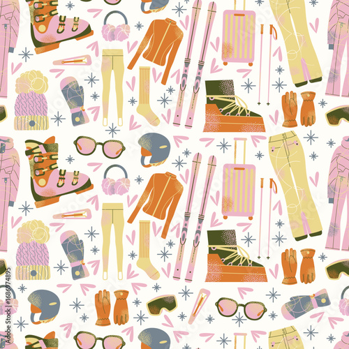 Seamless pattern ski equipment jacket, pants, skis, poles, helmet, goggles, gloves, socks, boots, suitcase, sunglasses, hat. Flat vector illustration. Winter sport and holiday travel concept