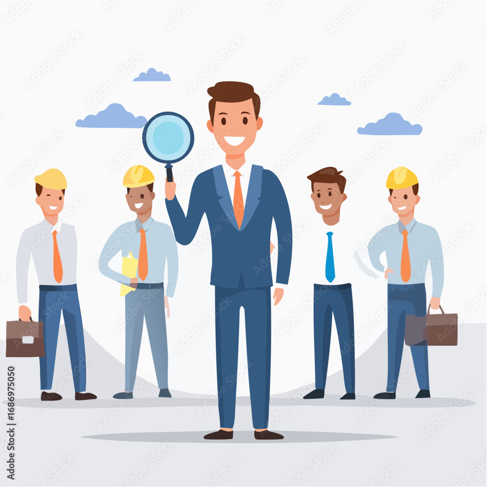 Business team leader with magnifying glass and team members in background illustration Business team leader with magnifying glass and team members in background illustration