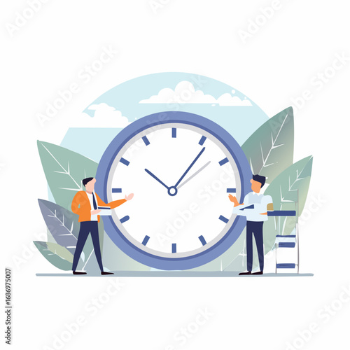 Two business people near a big wall clock discussing deadlines and time management planning for work projects