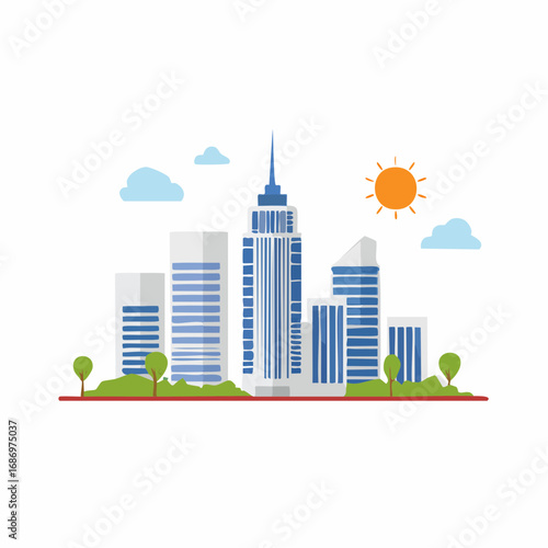 Stylized cityscape with blue toned skyscrapers under a bright sun and scattered clouds