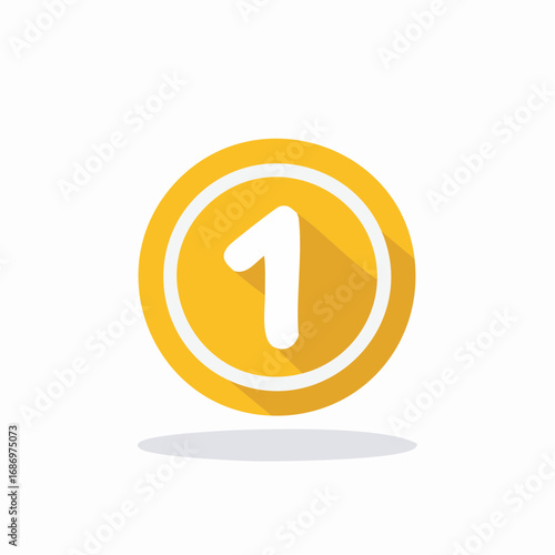 Bright yellow coin with white number one and long shadow