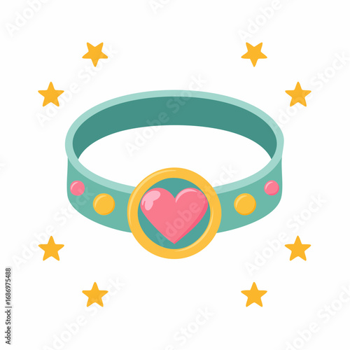 Turquoise collar with golden heart and stars, cute cartoon jewelry, gift for beloved animal, veterinary care