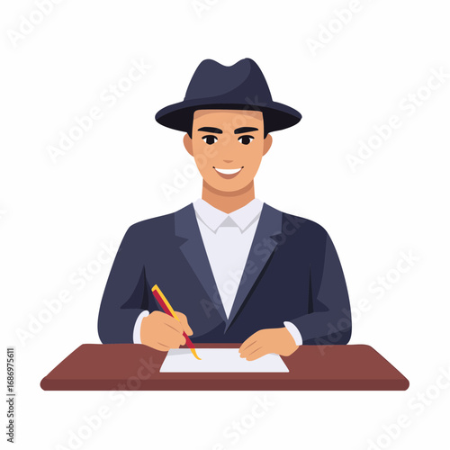 Man in suit and fedora hat writing on paper at a desk with a pen, business man, businessman