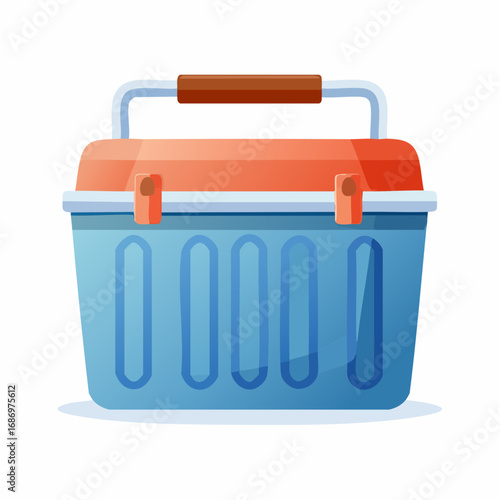Retro blue and orange portable cooler box with a brown handle and latches