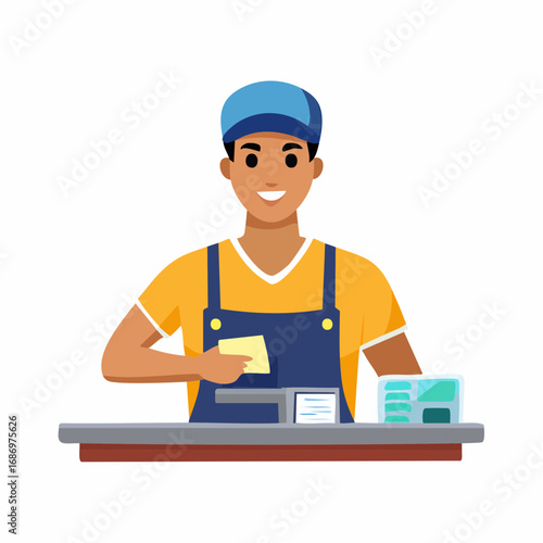 Smiling cashier in uniform working at a checkout counter with a payment terminal