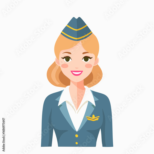 Smiling Cartoon Stewardess in Uniform. Smiling Air Hostess with Blonde Hair.