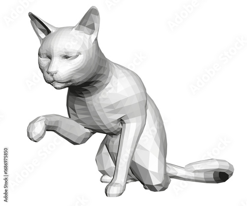 Polygonal black and white cat sitting on hind legs against a clean white background.