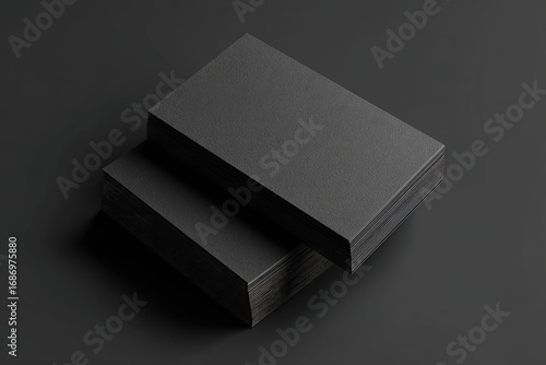 Minimalist black business cards stack on dark surface for branding.