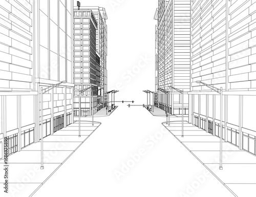 A black and white contour drawing of a city street with tall buildings and poles against a clean white background.