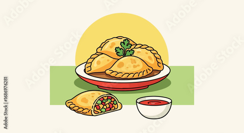 Illustration of empanadas on a red plate, garnished with parsley, alongside a sliced empanada and a bowl of red sauce.