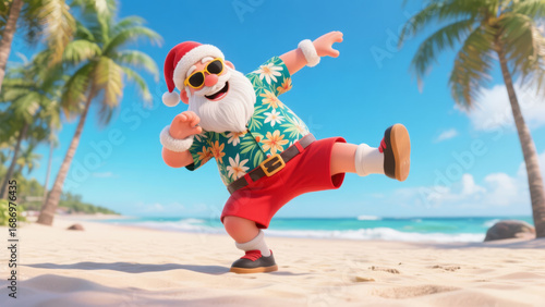 Santa Claus doing a celebratory dance on a sunny beach wearing sunglasses and a Hawaiian shirt.