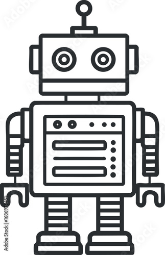 Black and white line art illustration of a cartoon robot with mechanical arms and legs