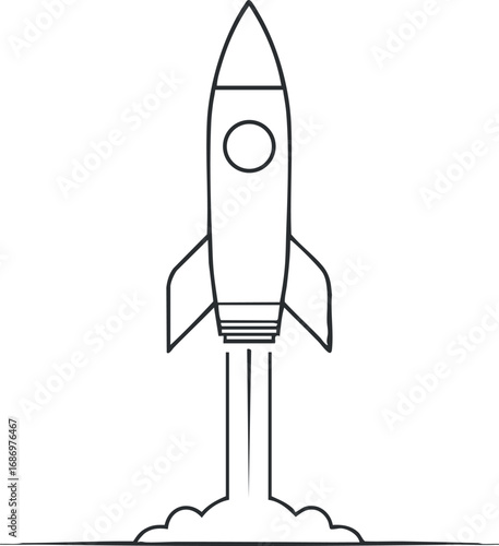 Simple line drawing of a rocket launching into space with smoke and thrust below