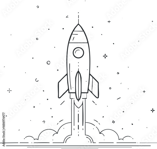 Black and white line drawing of a rocket launching into space with stars in the background