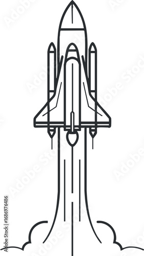 Black and white line illustration of a space shuttle launching vertically with smoke and flames below.