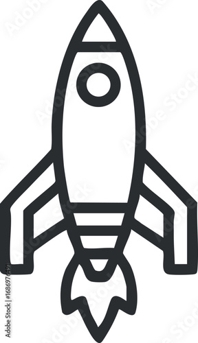 Black and white line icon of a rocket ship launching with flames, symbolizing space exploration and technology