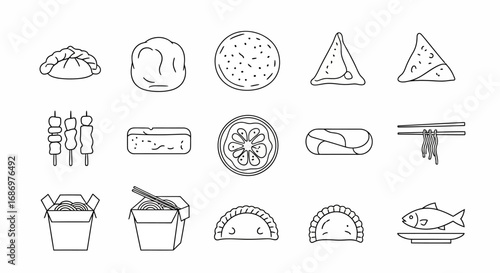A collection of outline drawings representing various foods, including dumplings, skewers, noodles, fish, and pastries.