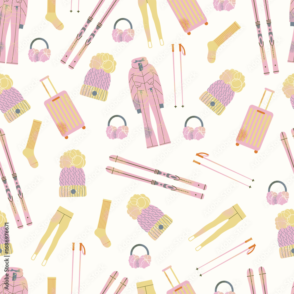 Ski gear seamless pattern Winter sports equipment, pink skiing uniform, skis, poles, and a suitcase. Outdoor recreation essentials. Flat vector illustration. Winter sport and holiday travel concept