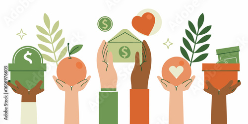 Diverse hands offering support and donations for charity and community initiatives