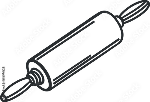 Black and white outline illustration of a rolling pin kitchen tool used for flattening dough in baking and cooking
