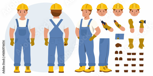 Construction worker character kit with different poses and accessories for design