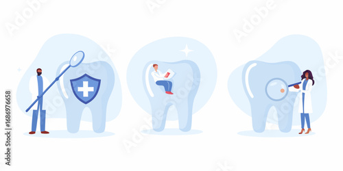 Dentists performing dental checkups and care on giant teeth illustrating oral hygiene and health