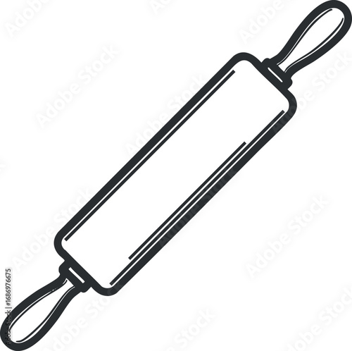 Simple black and white line drawing of a rolling pin with handles for baking and dough preparation