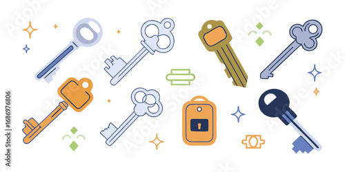 Collection of vintage and modern keys and key fobs with decorative elements on a white background