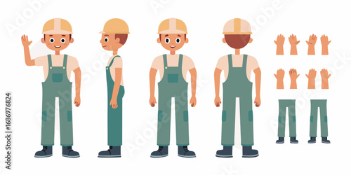Cartoon construction worker character set with front side and back views and separate body parts