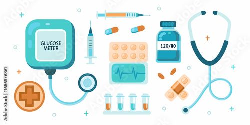 Medical equipment and supplies for diabetes monitoring and treatment including glucose meter stethoscope syringes pills and bandages