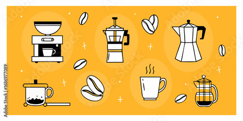 Collection of stylized coffee making equipment and elements on a vibrant orange background