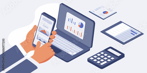 Person using smartphone and laptop with financial charts and reports on desk with calculator