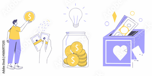 Man saving money in a jar and donating to charity with a heart symbol on the donation box
