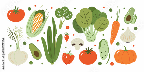 A vibrant collection of fresh healthy vegetables and produce arranged in a colorful flat design illustration