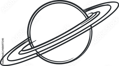 Simple black and white sketch of a ringed planet resembling Saturn with orbiting rings illustration.