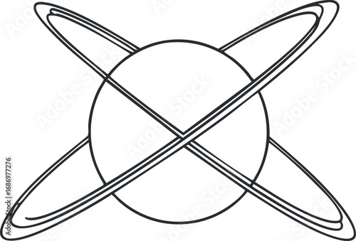 Black and white line drawing of a planet with two intersecting rings representing an orbit or celestial body