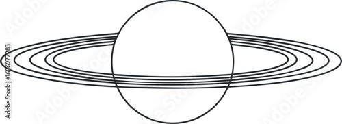 Black and white line art illustration of a planet with multiple rings resembling Saturn in space