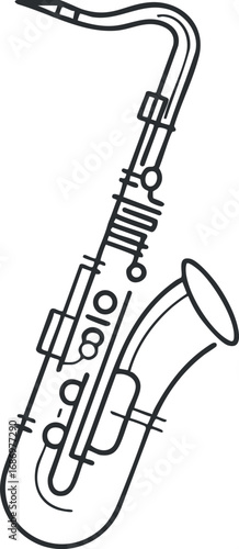 Black and white line drawing of a saxophone musical instrument used in jazz and band performances
