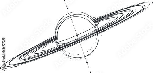 Black and white line art illustration of a planet with rings resembling Saturn showing orbital paths and celestial mechanics