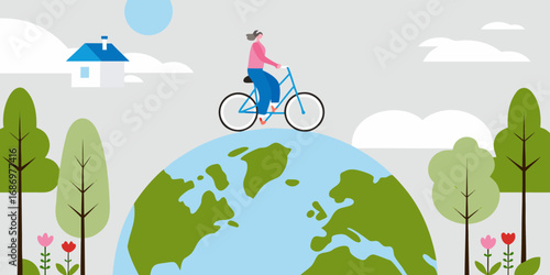 Woman cycling on top of the earth with trees and a house representing eco friendly living