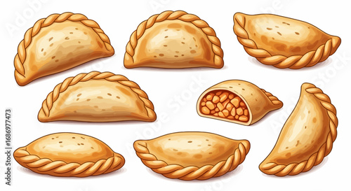 Illustration of eight empanadas with golden brown crusts, one sliced open to reveal a savory filling, arranged on a white background.