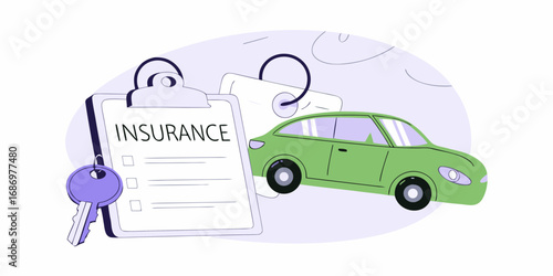 Car insurance policy document with keys and green automobile illustration