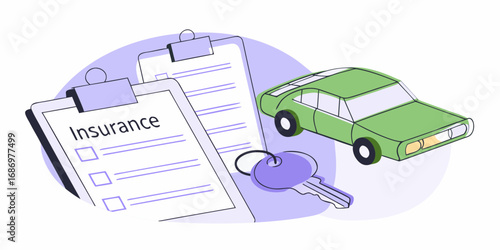 Car insurance policy document with a key and green vehicle illustration