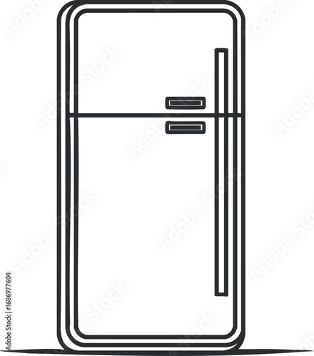 Simple black and white line drawing of a two-door refrigerator for kitchen appliance or home use