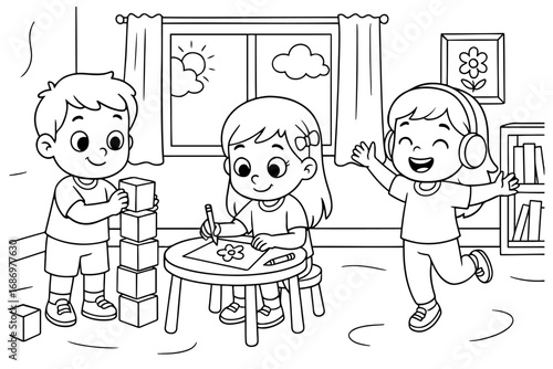 Adorable cartoon illustration of kids playing, drawing, and listening to music indoors, ideal for a fun coloring book page.