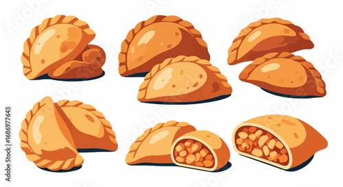 Illustration of several golden-brown empanadas, some whole and some cut open to reveal the filling, arranged on a white background.