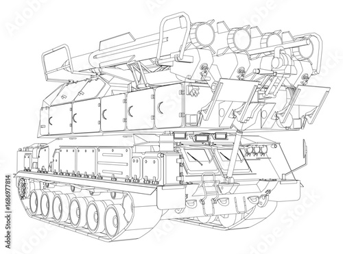 A detailed black and white military tank with a missile launcher on top, featuring intricate tracks, turret, and gun details against a clean white background.