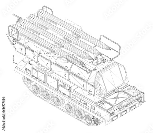 Military vehicle with missile launcher in wireframe 3D model, isolated on white background for defense or technology projects.
