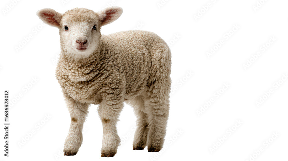 Fototapeta premium Adorable young lamb standing on a white isolate background.