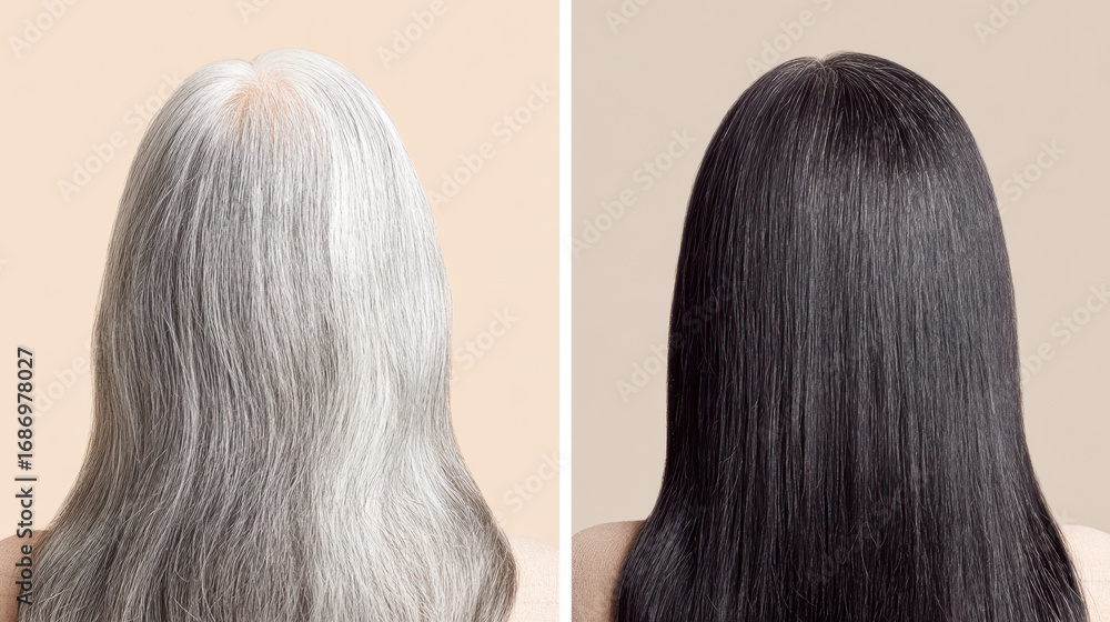 Fototapeta premium Transformation of gray hair to a rich dark color before and after coloring process